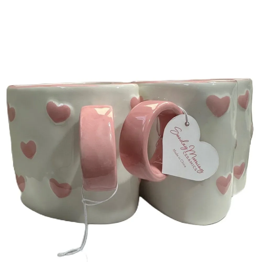 Heart Shape Pink/ White Ceramic Coffee Tea Mug, Painted by Hand 18OZ - Lot of 2